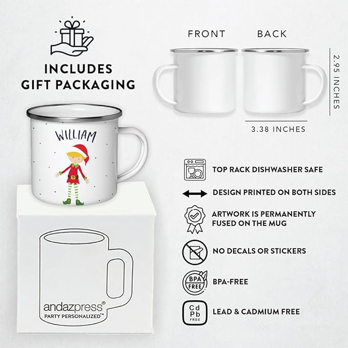 Andaz Press Personalized Name 11oz. Kids Christmas Hot Chocolate Stainless Steel Campfire Coffee Mug, Red Boy Xmas Elf Standing, 1-Pack, Custom Child’s Birthday Xmas Cup Christmas Hot Chocolate Mug