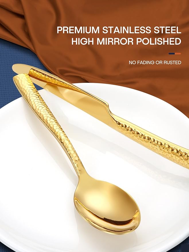 Stapava 48 Pc Gold Hammered Silverware Set with Steak Knives, Stainless Steel Gold Utensils Cutlery for 8, Mirror Flatware Include Forks, Spoons and Knives for Home, Hotel; Dishwasher Safe