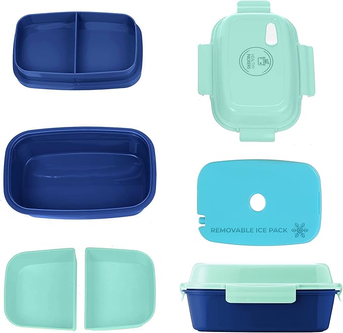 Ultimate Bento Box - Lunch Box for Kids & Adults with Removable Ice Pack - Leakproof, Multi-Compartment Food Container with Removable Containers - Microwave & Dishwasher Safe (Green, Blue, Green)