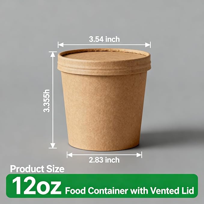 Paper Town Disposable Paper Soup Containers with Vented Lids, Kraft, 12 oz, Round, 50 Count, Compostable Food Storage Container, Ice Cream Cups