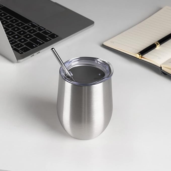 12 oz Insulated Wine Tumbler with Lid and Straw,Stainless Steel Stemless Wine Tumbler Glasses Double Wall Vacuum Wine Cups Tumbler Bulk for Coffee,Cocktail,Office(Silver,4)