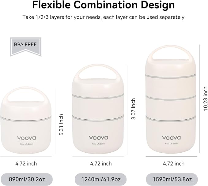 Voova Stackable Stainless Steel Thermal Lunch Box with Lunch Bag and Cultery Set for Adult Women Men, 3 Tier Leakproof & Microwave Safe Insulated Bento Boxes Food Container for Work, Beige