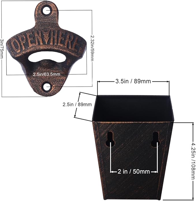 Antique Copper Cast Iron Beer Bottle Opener Wall Mounted Soda Drink Bottle Top Opener with Cap Catcher Narrow for Table Cooler Post