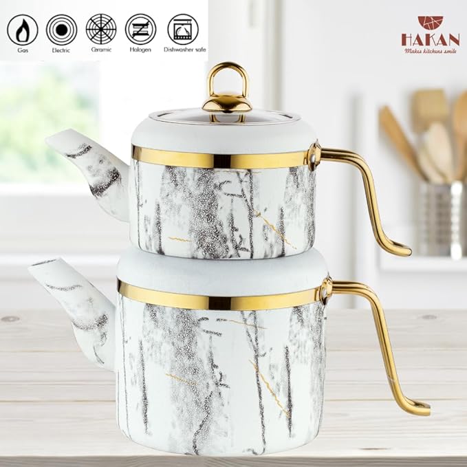 Hakan Melody Turkish Tea Pot Set | 3.5 L Tea Kettles for Stovetop with Stainless Steel Handless and Glass Lid | Aluminum Body Tea Maker | Double Stovetop Kettles with Granite Cover, White 3.6 qt