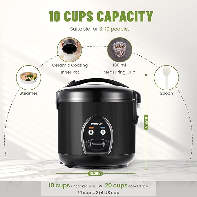 10-Cup Uncooked Rice Cooker & Food Steamer - Ceramic Non-Toxic Inner Pot, One-Touch Multifunction for Rice/Sauté/Yogurt, Dishwasher Safe, 3-10 Family Size, Dark