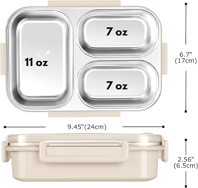 304 Stainless Steel Bento Box for Adults & Kids, 25 Oz Leakproof Metal Lunch Box with 3 Compartments, BPA-Free, Reusable & Dishwasher Safe Food Container for School,Office,Picnic,Travel(Cream)