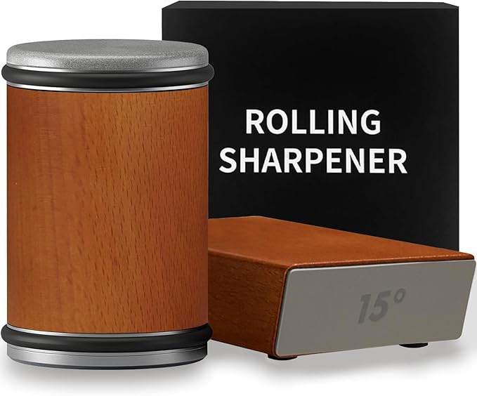 Rolling Knife Sharpener Tool, Rolling Knife Sharpener Stone Kit, Kitchen Knife Sharpeners Diamonds and Ceramic Stone Set for Steel of Any Hardness and Two Grinding Angles of 15° and 20° (Wood)