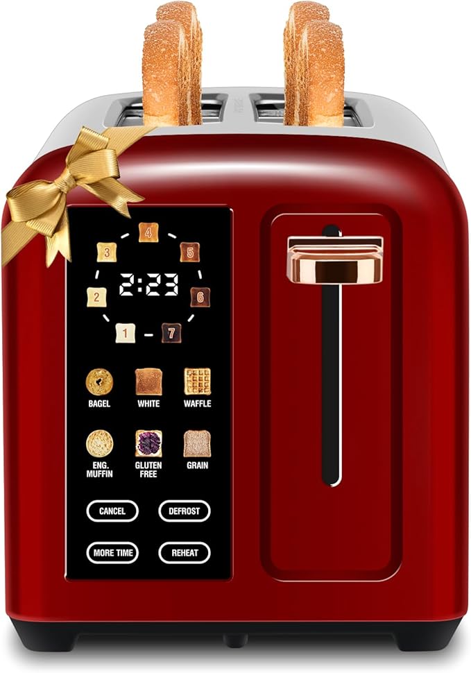 SEEDEEM Toaster 2 Slice with Touch Screen, Faster Heating Speed, 7 Shade Setting, 6 Bread Type, 1.5”Wide Slots Toaster, Removable Crumb Tray, 1350W, Dark Cherry