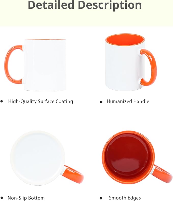 11oz White Ceramic Sublimation Coffee Mug With Solid Colors Inside and Handle, (36, Orange)