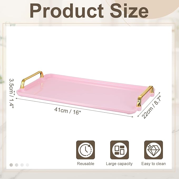 uxcell Plastic Serving Tray with Golden Handle, 16 x 8.7 Modern Rectangular Decorative Tray Acrylic Reusable Tea Platter for Countertop Bathroom Kitchen Home Restaurant, Pink