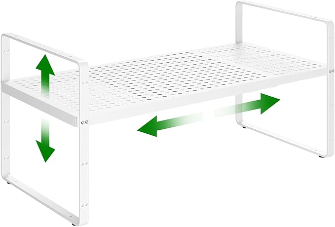 Expandable Kitchen Cabinet Shelf Organizer Rack Heavy Duty Metal Spice Rack Stackable Kitchen Counter Storage Shelf for Cabinet Pantry Bathroom (White- 16.5"-27" L x 8" W x 9.6" H - 1Pack)