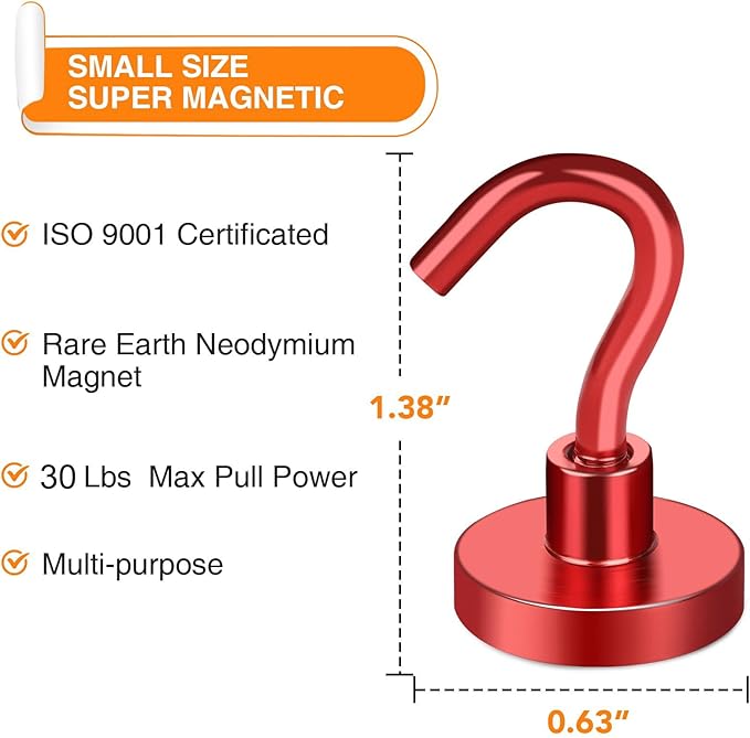 MIKEDE Magnetic Hooks Heavy Duty, 30LB+ Strong Magnets with Hook for Fridge, Neodymium Extra Strength Industrial Hooks for Hanging, Magnetic Hanger for Toolbox, Cruise, Grill(Red,4 Pack)