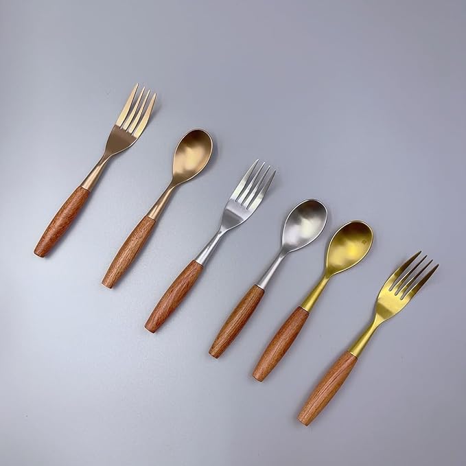 20 piece Wooden Handle Gold Silverware Set for 4 Gold Utensil Set Cutlery Flatware Set Food-Grade 18/8 Stainless Steel Spoons And Forks Set Matte Utensil Sets Dishwasher Safe for Home & Kitchen