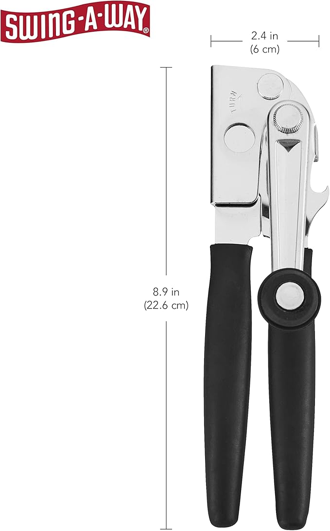 Swing-A-Way Easy-Crank Can Opener with Folding Crank Handle, Manual Hand Held and Sharp Blade, Stainless Steel, Easy Turn Knob, Basic Kitchen Essentials, For all Can Sizes (Black)