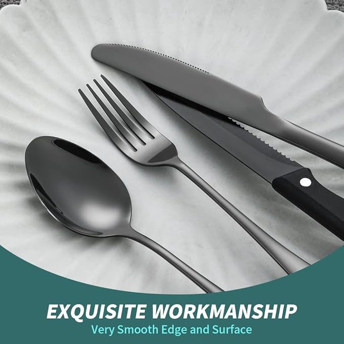 Black Cutlery Set for 4 Silverware Stainless Steel Flatware 24 Piece Fork Spoon Knives Perferct for Parties Restaurant Everyday Kitchen Utensils Mirror Polished