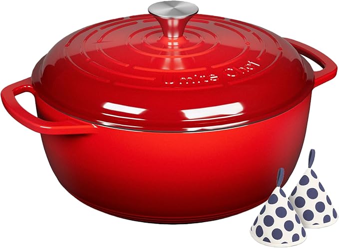 Umite Chef 6QT Enameled Cast Iron Dutch Oven with Lid, Versatile Heavy-Duty Cookware Pot for Baking Bread, Braising, Soups & Stews, Oven & Stovetop Safe with Heat Resistant Gloves（Red）