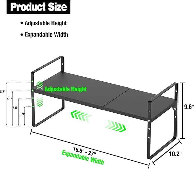 ‎Expandable Kitchen Cabinet Storage Shelf, Stackable Metal Pantry Storage Shelves Organizer, Adjustable Height Counter Spice Rack for Kitchen Cabinet (Black - 16.5"-27" L x 10.2" W x 9.6" H - 3Pack)