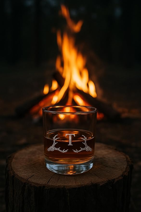 Hat Shark Personalized Whiskey Glass with Deer Skull Monogram, Single Rocks Glass, A-Z Initial, Clear (1, Letter T)