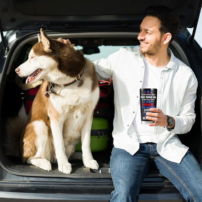 Best Bonus Dad Christmas Gift from Daughter Son Kids - Funny Birthday Gifts for Bonus Step Dad Stepdad, 20 OZ Stainless Steel Insulated Travel Coffee Tumbler Cup