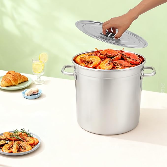 DYNAMI 37Qt Large Cooking Pot with Basket and Lid, Stainless Steel Stock Pot with Strainer,Multipurpose Cookware Soup Turkey Fryer Seafood Boil Pot,for Lobster Crab Shrimp