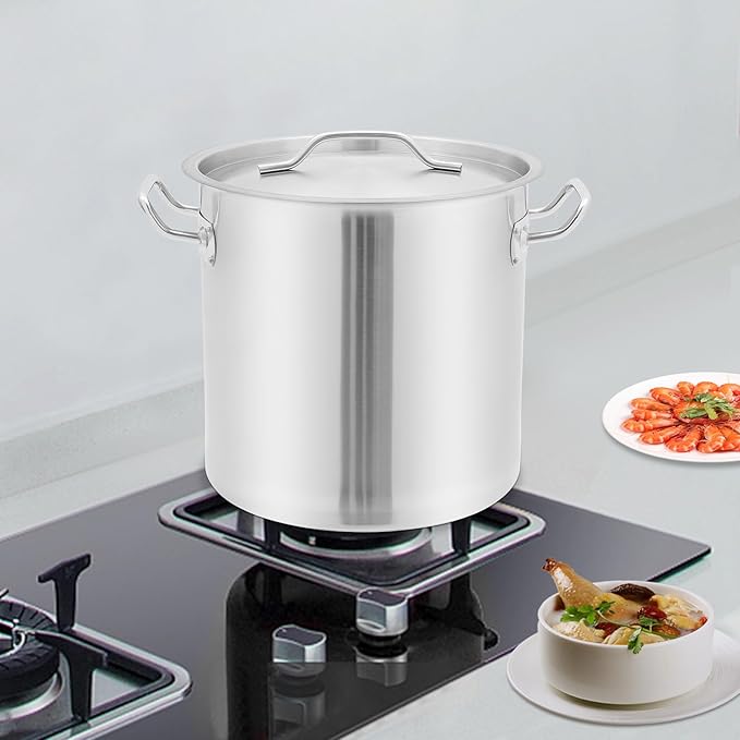 Large Stock Pot with Lid, Stainless Steel Cookware Stockpot, 22.2 Quart Heavy Duty Soup Pot with 2 Handles, All Stoves Compatible, Fast and Uniform Heating