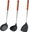 FJNATINH Silicone Spatula - Ladle - Skimmer Wok Tool Set,Stainless Steel Non Stick Heat-Resistant Cooking Utensils BPA Free Kitchen Utensils Cookware with Wooden Handle, Pack of 3