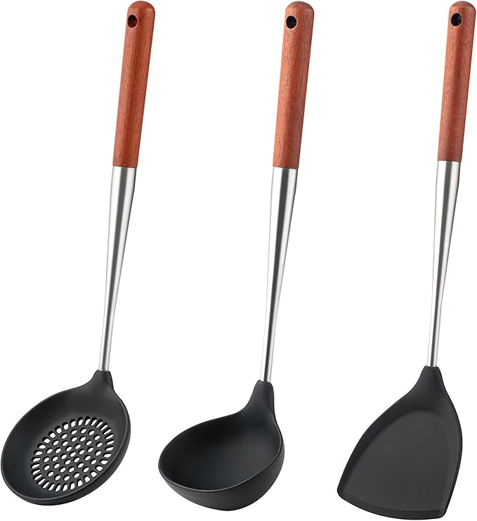 FJNATINH Silicone Spatula - Ladle - Skimmer Wok Tool Set,Stainless Steel Non Stick Heat-Resistant Cooking Utensils BPA Free Kitchen Utensils Cookware with Wooden Handle, Pack of 3