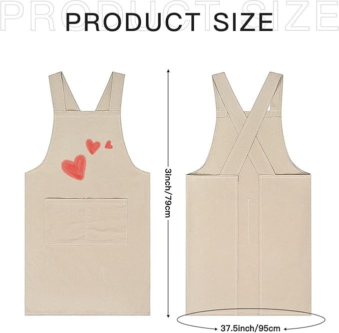 Cotton Linen Apron Non-tie Cross Back Kitchen Apron with Pockets Soft Comfortable Durable for Cooking Baking Gardening (Khaki,Heart)