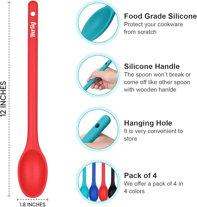HERLIG™ 4 Pieces Large Silicone Mixing Spoon 12 Inches Heat Resistant Basting Spoon Food Grade Utensil Spoon Non-Stick Spoon for Mixing, Baking, Serving and Stirring