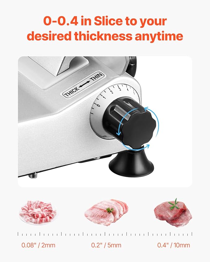 VEVOR Commercial Meat Slicer, 10 inch Electric Deli Food Slicer, 180W Cutter with a Premium 65Mn Blade, 0-0.4 inch Adjustable Thickness, Food Slicer Machine for Meat Vegetables Hard Bread Cheese