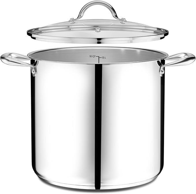 Stainless Steel Stockpot with Tempered Glass Lid 16 Quart, Durable 18/0 Stainless Steel, Impact-Bonded Base for Even Heating, Riveted Handles, Oven & All Stove Compatible, Safe Up To 500°F (260°C)