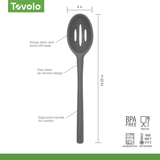 Tovolo Flex-Core Non-Stick All Silicone Slotted Deep Spoon Kitchen Utensil for Scooping and Serving – Heat-Resistant, Dishwasher Safe & BPA Free - Charcoal