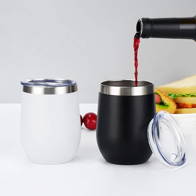 12 Pack Stainless Steel Wine Tumblers, 12Oz Double Wall Vacuum Insulated Wine Tumblers with Lids and Straws, Stainless Steel Stemless Wine Glasses for Coffee, Wine, Cocktails, Champaign, Black