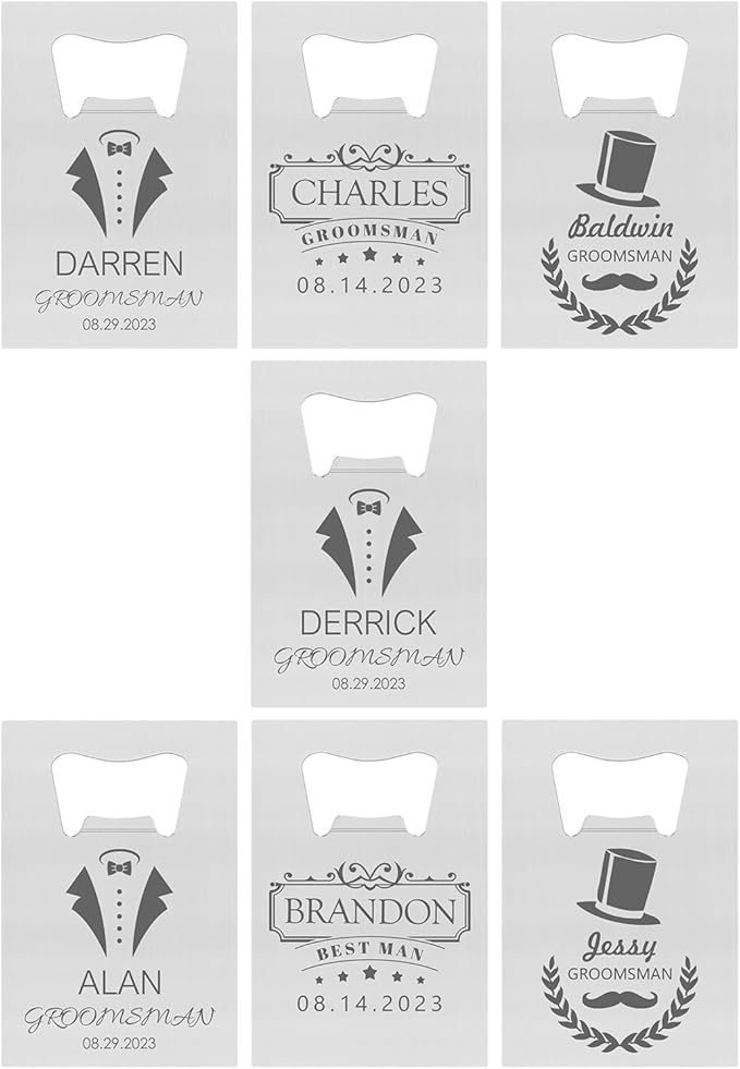 7PCSPersonalized Bottle Openers Credit Card Size, Groomsmen Best Man Gifts for Wedding Bachelor Party, Stainless Steel Beer Bottle Opener