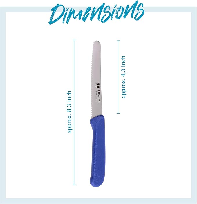 GRÄWE table knife 6 pieces, set for cutting, pack of 6 bread knives, for breakfast with serrated edge on one side, length 8.3 inch - handle color blue