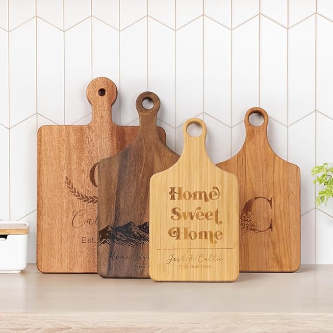 Personalized Wooden Engraved Cutting Boards with Handle, Custom Reversible Monogrammed Cheese Board S M L, Housewarming Wedding Gift for Family or Couple (38 Design Styles)