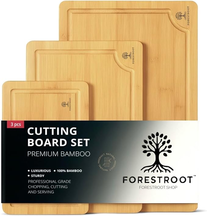 Bamboo Cutting Board Set – 3-Piece Wooden Kitchen Boards for Meal Prep & Serving – Durable Bamboo with Deep Juice Groove & Side Handles – Great for Meat, Vegetables & Charcuterie