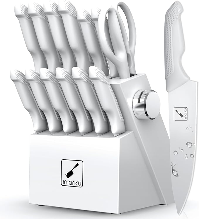 imarku Kitchen Knife Set, Japanese Knives Set For Kitchen, Stainless Steel Knife Set With Block, Kitchen Gadgets, White, Anti-Slip Handle, Dishwasher Safe, Christmas Gift