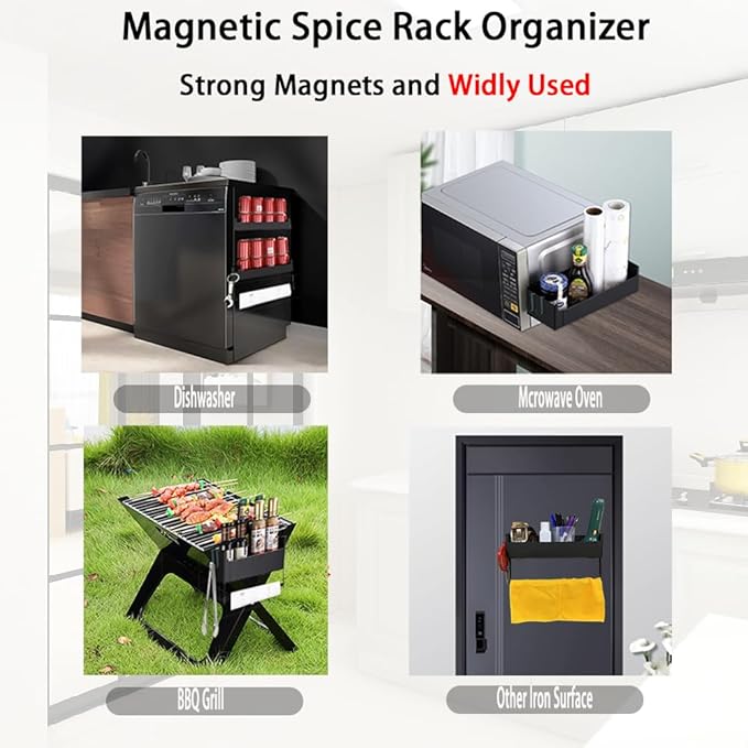 Magnetic Spice Rack for Refrigerator, Magnetic Spice Organizer Rack with Paper Towel Holder Shelf for Small Kitchen Storage, Space Saver Container for Apartmen, Black