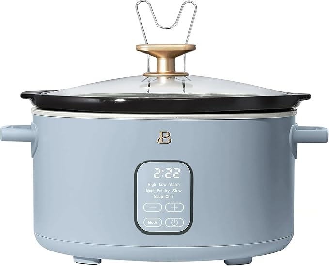 Beautiful 6 Qt Programmable Slow Cooker by Drew Barrymore - 5 Preset Cooking Functions, Digital Countdown Timer, Dishwasher-Safe Parts, and Cool-Touch Handles (Cornflower Blue)