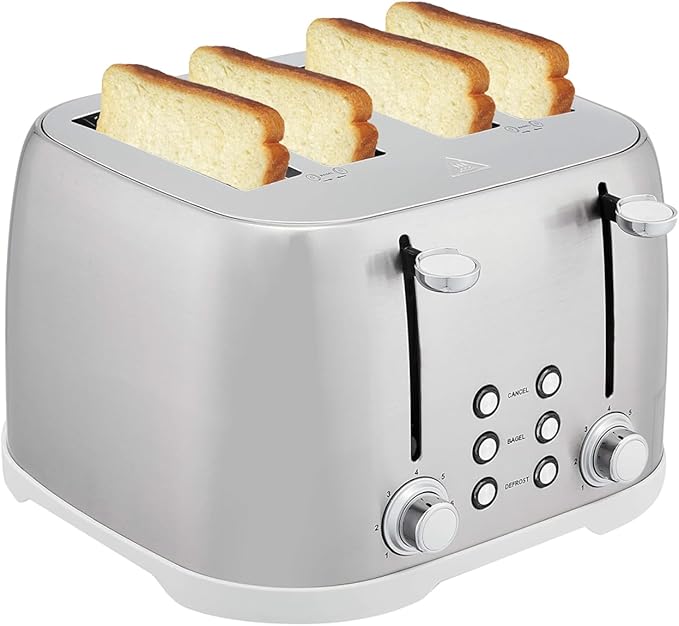 4 Slice Brushed Silver Stainless Steel Toaster with Wide Slots, Bagel, Defrost, Cancel Functions, 1600W Family Size Bread Maker for Modern Kitchens
