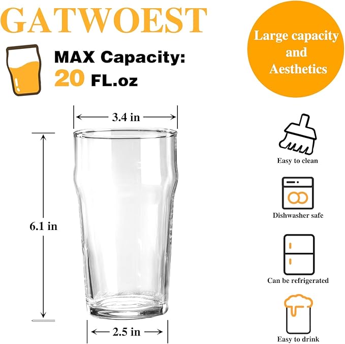 20 oz Beer Glasses Set of 4- Easy to Stack & Lead-Free Classic British Pint Glasses Large Pub Craft Beer Glass for IPA, Pilsner,Clear Tall Glass Cups Great Beer Gifts for Men-Dishwasher Safe