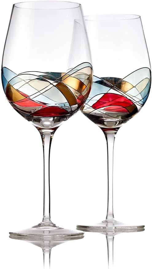 Bezrat Wine Glasses Hand Painted - Set of 2 - Women Wine Gift - Wine Lover Glass - Beautiful Glassware Gifts Ideas for Women Inspired by 'Duomo di Milano' Mothers Day - 14 oz (Red)
