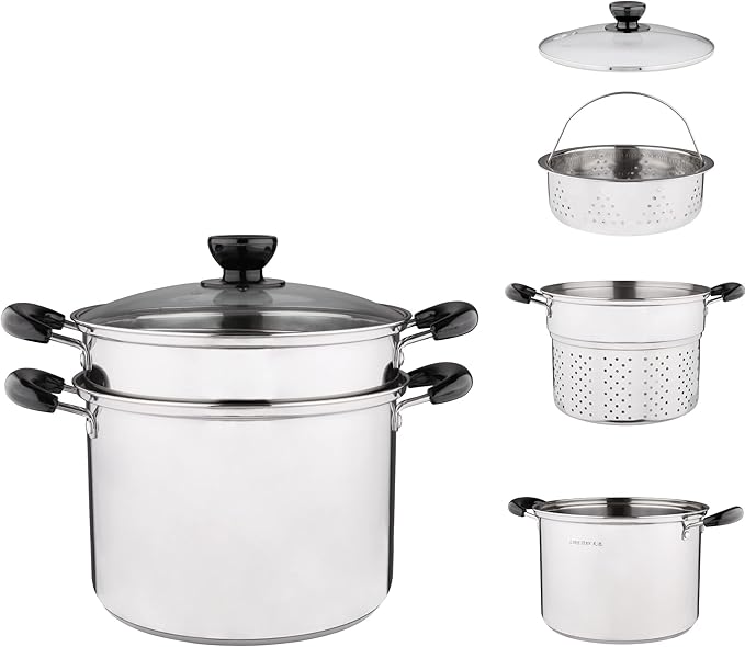Stainless Steel Pasta Pot With Strainer Insert 4pc 10 Quart, Steamer for cooking, Spaghetti Pot, Stock & Pasta Pots Multipots, Steamer Set With Basket With Lid, Induction Compatible