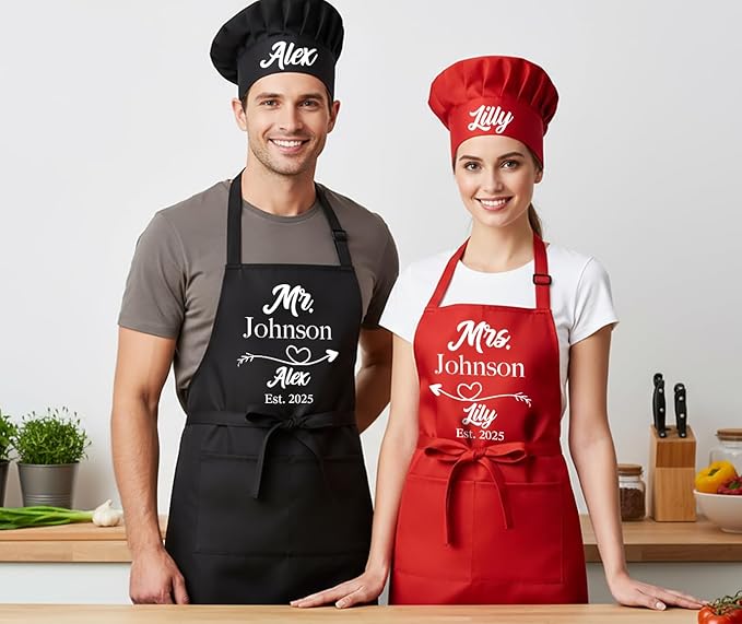 Mr and Mrs Aprons for Couples, Couple Gift for Christmas, Anniversary, Birthday, Valentines Day and Bridal Shower, Custom Wedding Gifts for Couples, Kitchen Cooking Chef Aprons and Chef Hats with Name