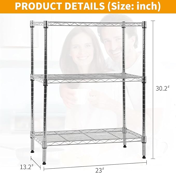 3 Tier Shelf Adjustable Wire Shelving Unit Metal Shelves with Leveling Feet Storage Rack for Kitchen Bathroom Utility Shelf Space Saving, 450lbs Capacity, 13"x23"x30"H, Chrome