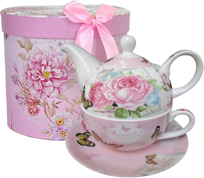 ONEUSTAR Tea for One Set Ceramic Floral Teapot and Cup Saucer Set for Women Afternoon Tea Mother's Day Gift in Reusable Gift Box, Pink Rose Flower