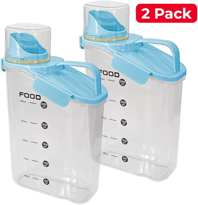 Two Pack Food & Cereal Storage Container - 2.6L Airtight Plastic Kitchen Organizer Bin with Pouring Spout, Measuring Cup Lid, Ideal for Dry Food, Rice, Sugar, Pet Food dispenser - BPA free (Blue)