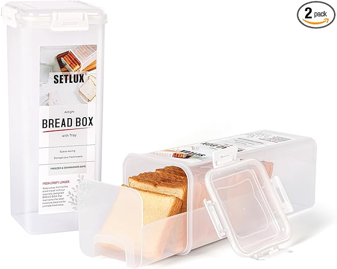 2 Pack Bread Storage Container with Tray, Plastic Bread Box with Airtight Lid, Bread Keeper for Homemade Bread, Toast, Bagel, Donut(white 2 pack)