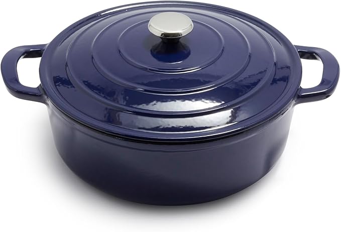 Sur La Table 7-Qt Enameled Cast Iron Dutch Oven – With Lid for Braising, Baking & Deep Frying, Induction Compatible, Oven to 500°F, Seals in Moisture for Flavorful Results, Blue